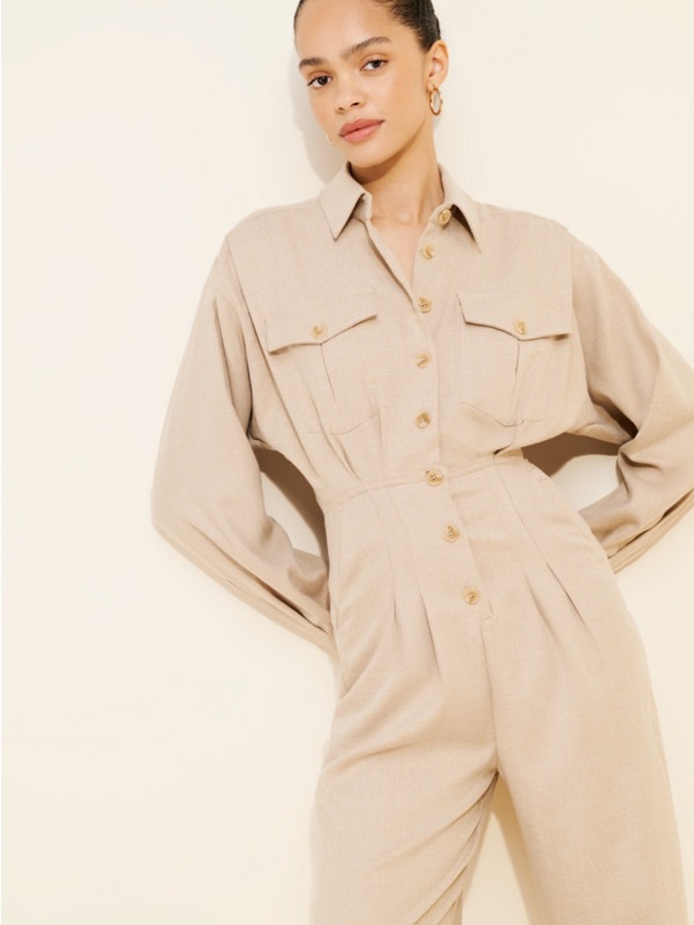 Nuuly x Ronny Kobo Long Sleeve Beige Brila Utility Jumpsuit 80s Quiet Luxury - Picture 3 of 13